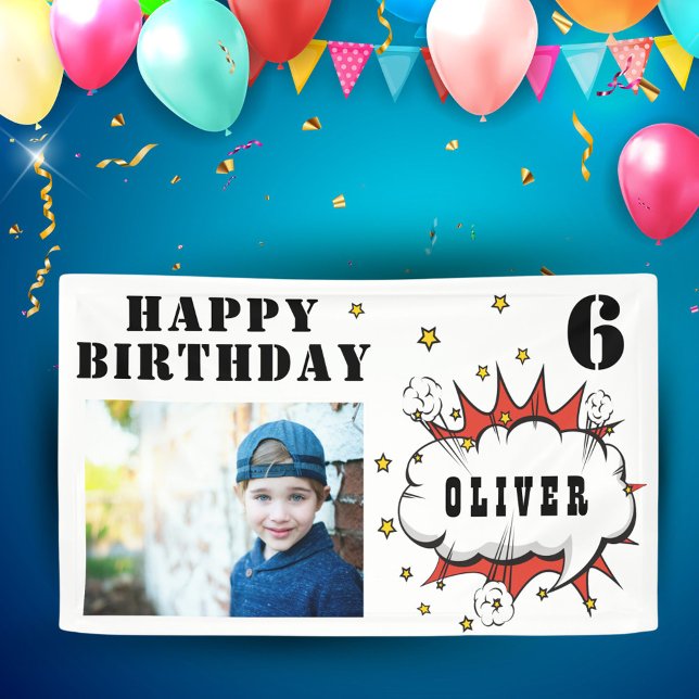 Superhero Comic Speech Bubble Boy Birthday Photo Banner (Creator Uploaded)