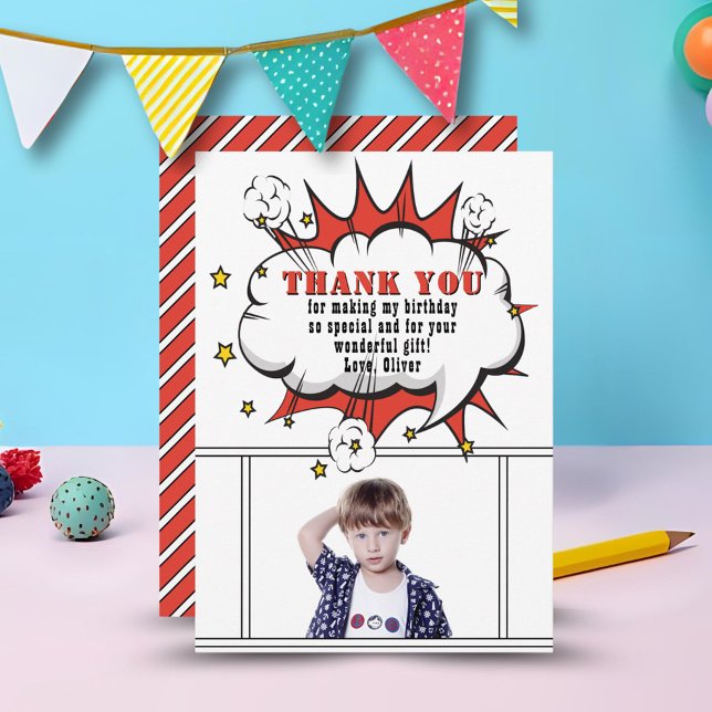 Superhero Comic Speech Bubble Boy Birthday  Thank You Card (Creator Uploaded)