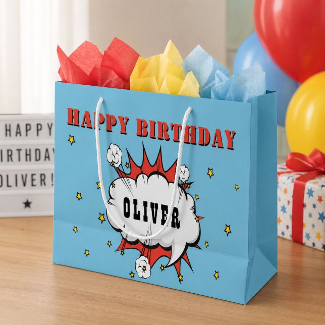 Superhero Comic Speech Bubble Boy Happy Birthday  Large Gift Bag (Creator Uploaded)