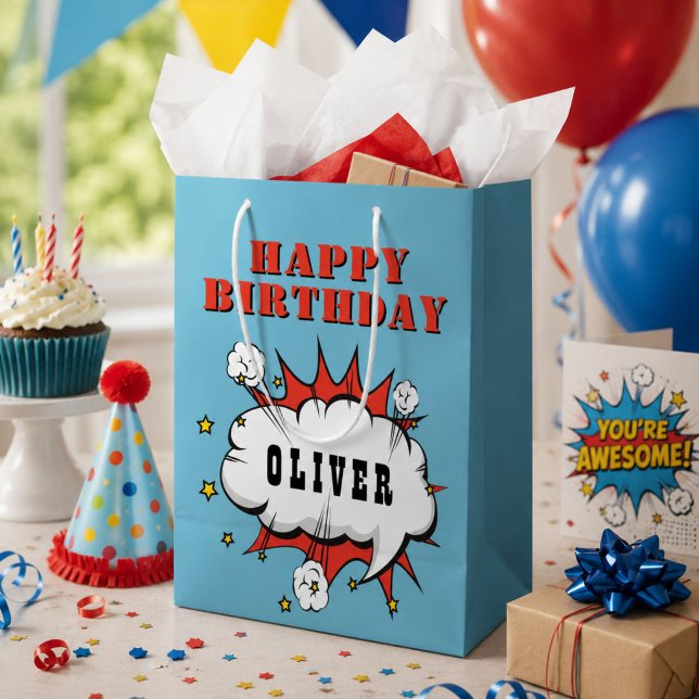 Superhero Comic Speech Bubble Boy Happy Birthday Medium Gift Bag (Creator Uploaded)