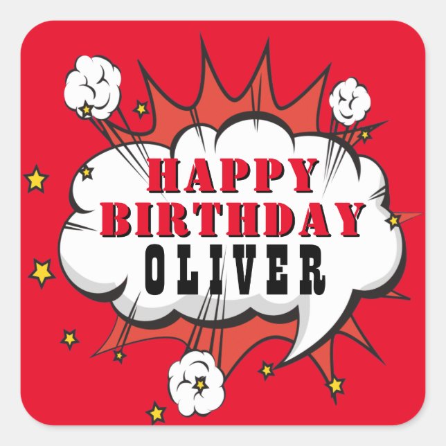 Superhero Comic Speech Bubble Boy Happy Birthday Square Sticker (Front)