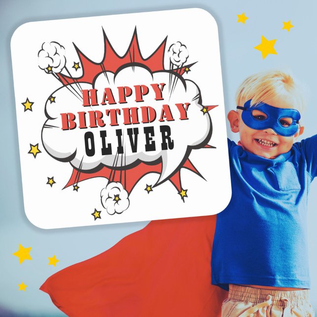 Superhero Comic Speech Bubble Boy Happy Birthday   Square Sticker (Creator Uploaded)