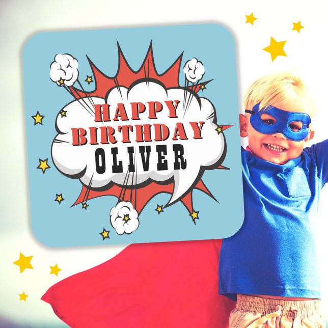 Superhero Comic Speech Bubble Boy Happy Birthday  Square Sticker (Creator Uploaded)