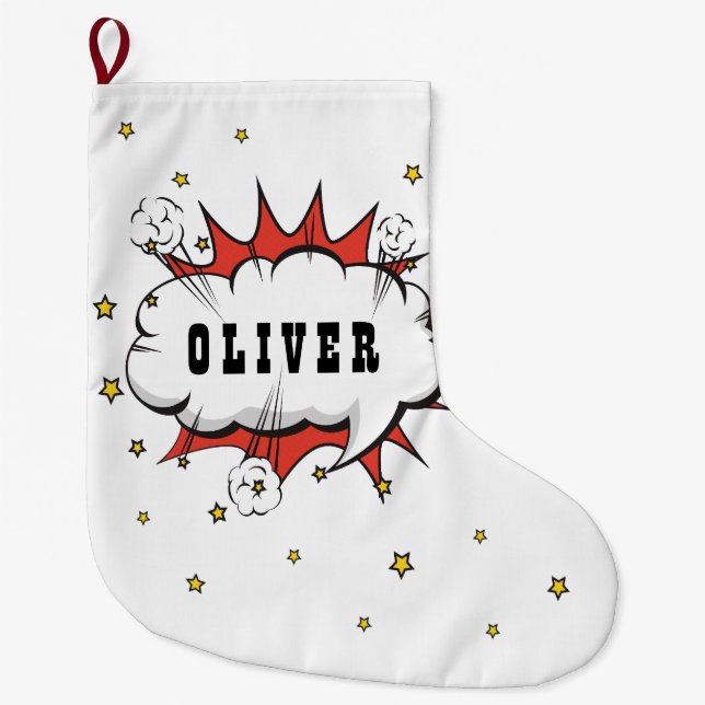 Superhero Comic Speech Bubble Boy Name Large Chris Christmas Stocking (Front)