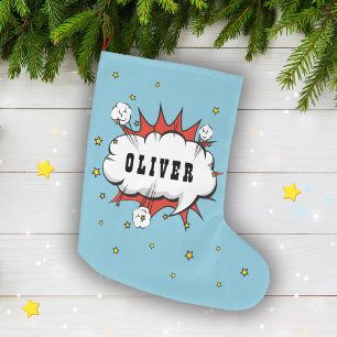 Superhero Comic Speech Bubble Boy Name  Large Christmas Stocking