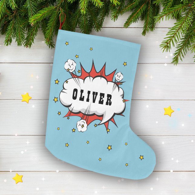 Superhero Comic Speech Bubble Boy Name  Large Christmas Stocking (Creator Uploaded)