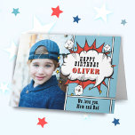 Superhero Comic Speech Bubble Boy Photo Birthday C Card<br><div class="desc">Superhero Comic Speech Bubble Boy Photo Birthday Card. Add your photo and customise the name and message inside. Fun cartoon birthday card.</div>