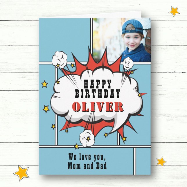 Superhero Comic Speech Bubble Boy Photo Birthday C Card (Creator Uploaded)