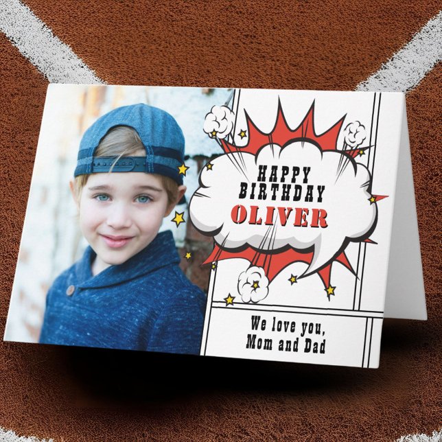 Superhero Comic Speech Bubble Boy Photo Birthday  Card (Creator Uploaded)