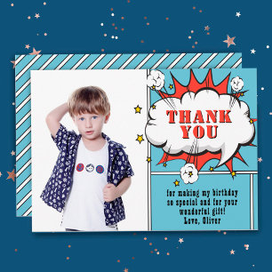 Superhero Comic Speech Bubble Boy Photo Birthday Thank You Card