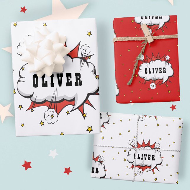 Superhero Comic Speech Bubble Red Boy Name Wrapping Paper Sheet (Creator Uploaded)