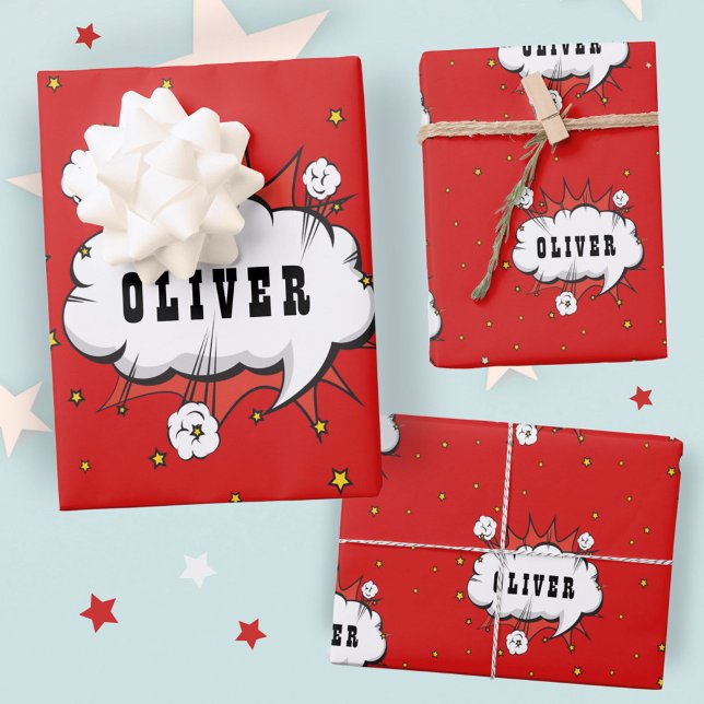 Superhero Comic Speech Bubble Red Boy Name Wrapping Paper Sheet (Creator Uploaded)