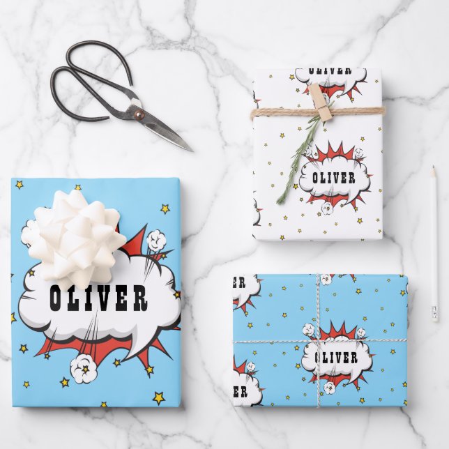 Superhero Comic Speech Bubble Red Boy Name Wrapping Paper Sheet (Front)