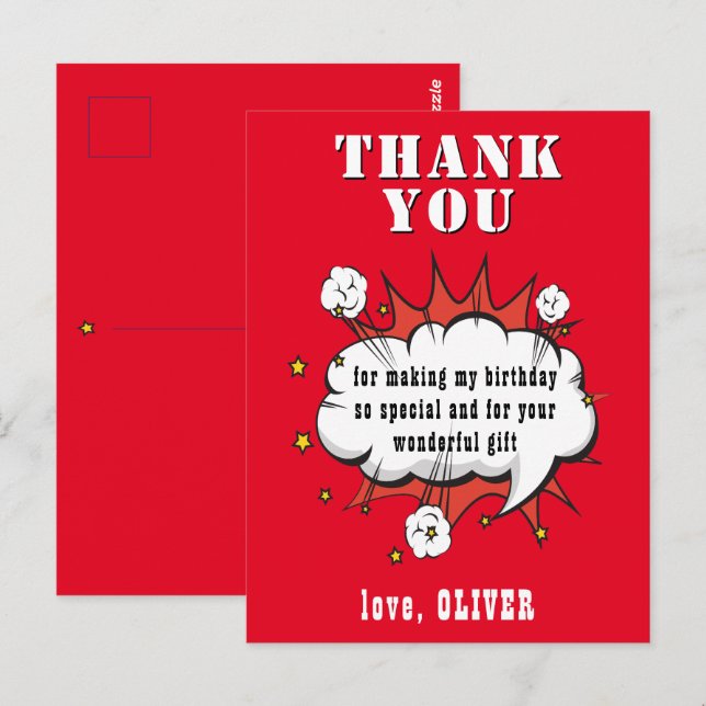 Superhero Comic Speech Cloud Birthday Thank you Postcard (Front/Back)