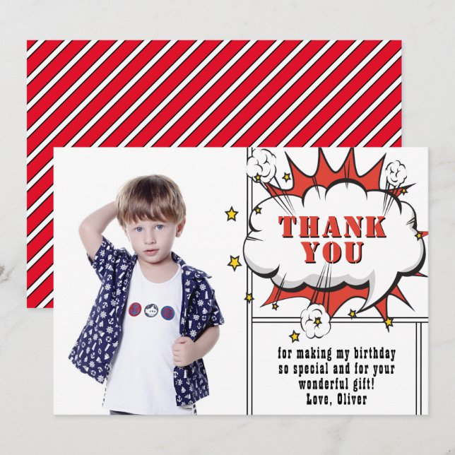 Superhero Comic Speech Cloud Boy Photo Birthday Thank You Card (Front/Back)
