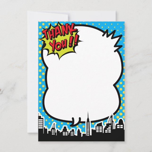 Superhero Comic Strip Blue Thank You Notes (Front)