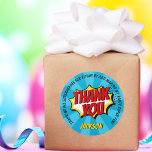 Superhero Comic Style Boy Birthday Blue Thank You Classic Round Sticker<br><div class="desc">A superhero-themed birthday party is a popular and exciting way to celebrate a child's special day. It's a fun way to encourage imagination and creativity while celebrating a boy's birthday. This bold, bright coloured superhero-themed design featuring comic book superhero style in blue colour is a great way to bring the...</div>