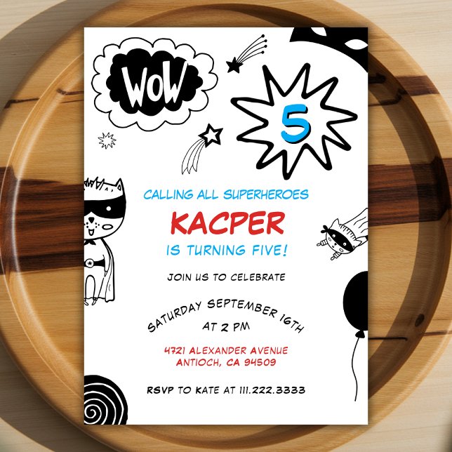 Superhero Comics Hand Drawn Black 5th Birthday  Invitation (Creator Uploaded)