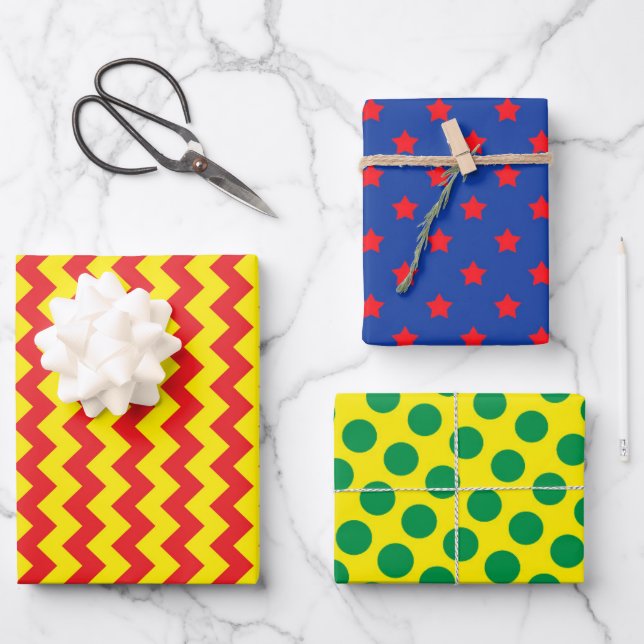 Superhero Comics Zig Zag Dots Stars Colourful Fun Wrapping Paper Sheet (Front)