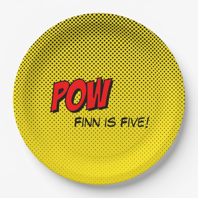 Superhero Custom Paper Plate - POW Yellow Back (Front)