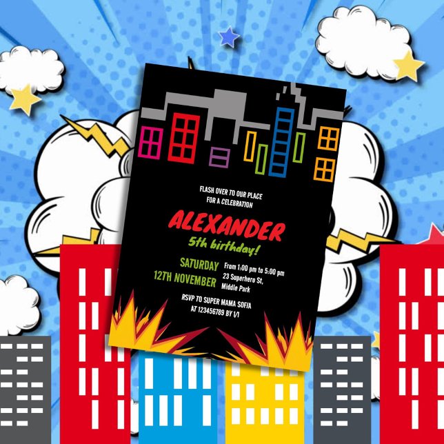Superhero Dark City Building Theme Kids Birthday Invitation (Creator Uploaded)