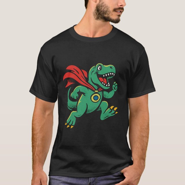 Superhero Dinosaur Cartoon Illustration T-Shirt (Front)