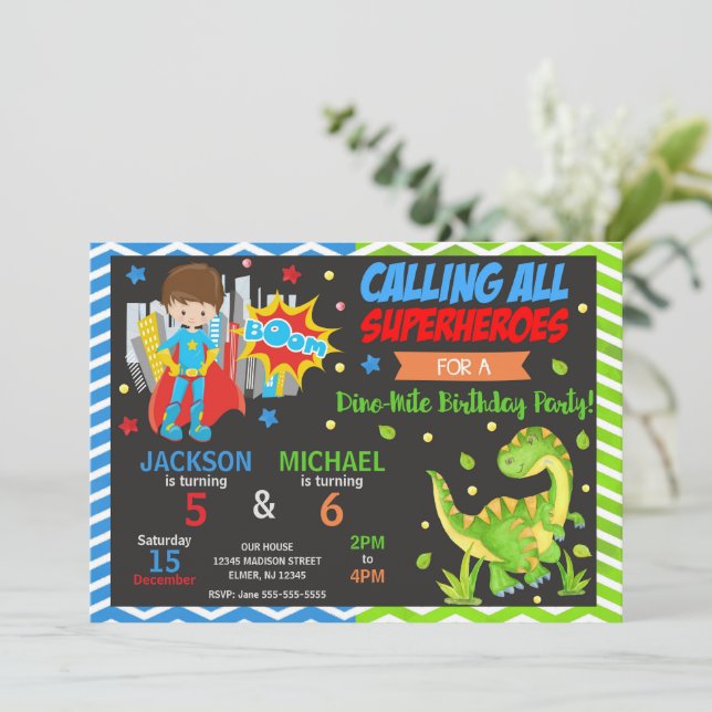 Superhero & Dinosaur Joint Birthday Invitation (Standing Front)
