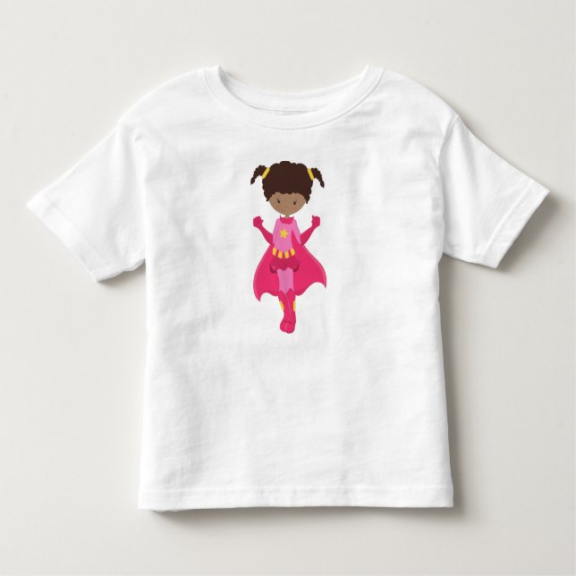 Superhero Girl, African American Girl, Pink Cape Toddler T-Shirt (Front)