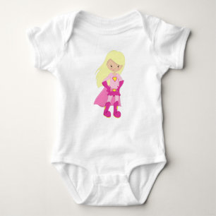 Superhero Girl, Blonde Hair, Cute Girl, Pink Cape Baby Bodysuit
