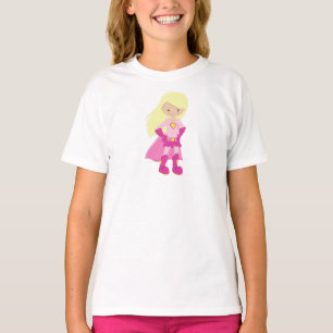 Superhero Girl, Blonde Hair, Cute Girl, Pink Cape T-Shirt