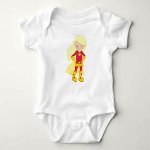 Superhero Girl, Blonde Hair, Hero, Red Costume Baby Bodysuit