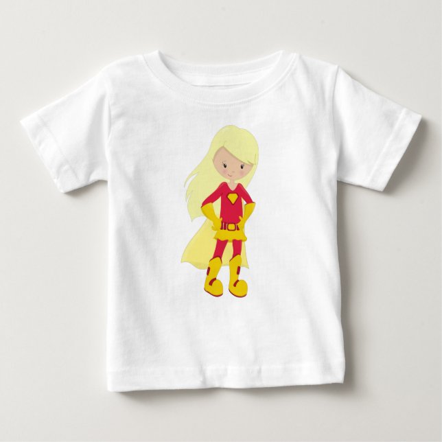 Superhero Girl, Blonde Hair, Hero, Red Costume Baby T-Shirt (Front)