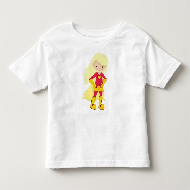 Superhero Girl, Blonde Hair, Hero, Red Costume Toddler T-Shirt (Front)