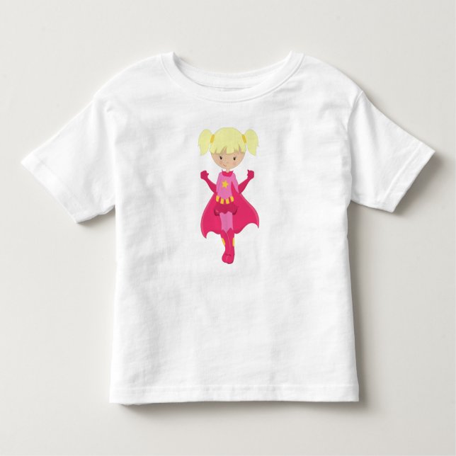 Superhero Girl, Blonde Hair, Pink Cape, Cute Girl Toddler T-Shirt (Front)