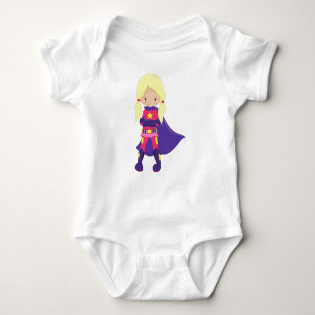Superhero Girl, Blonde Hair, Purple Cape, Hero Baby Bodysuit (Front)