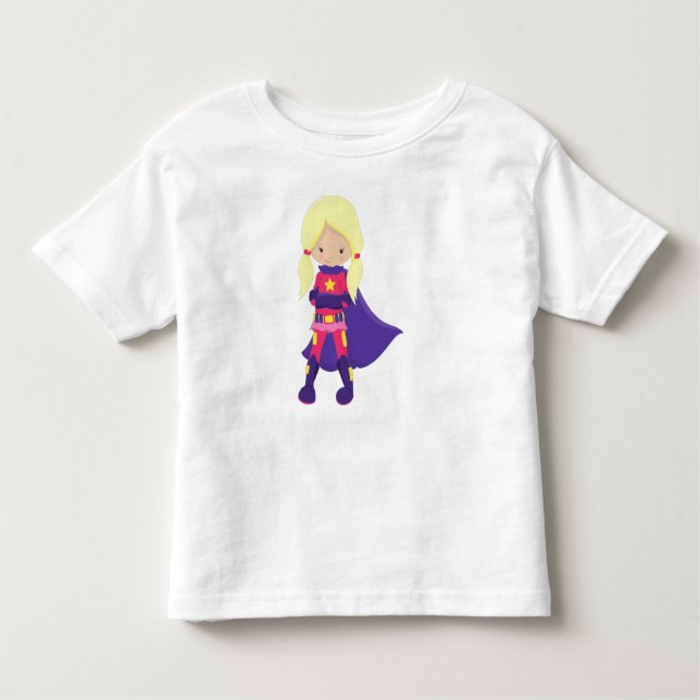 Superhero Girl, Blonde Hair, Purple Cape, Hero Toddler T-Shirt (Front)
