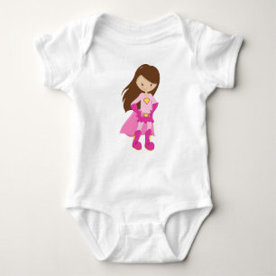 Superhero Girl, Brown Hair, Cute Girl, Pink Cape Baby Bodysuit