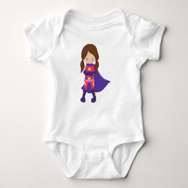 Superhero Girl, Brown Hair, Cute Girl, Purple Cape Baby Bodysuit (Front)