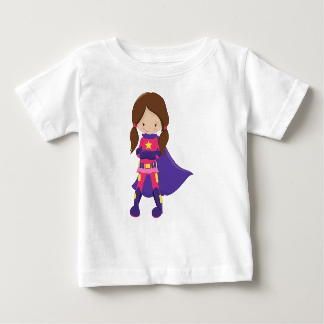 Superhero Girl, Brown Hair, Cute Girl, Purple Cape Baby T-Shirt (Front)