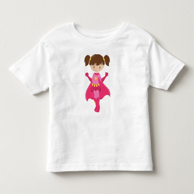 Superhero Girl, Brown Hair, Pink Cape, Cute Girl Toddler T-Shirt (Front)