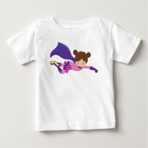 Superhero Girl, Brown Hair, Purple Cape, Cute Girl Baby T-Shirt