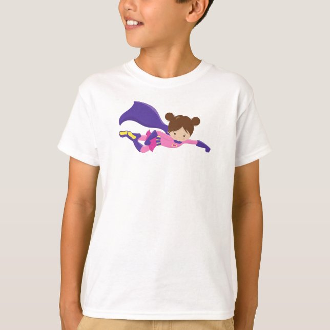 Superhero Girl, Brown Hair, Purple Cape, Cute Girl T-Shirt (Front)