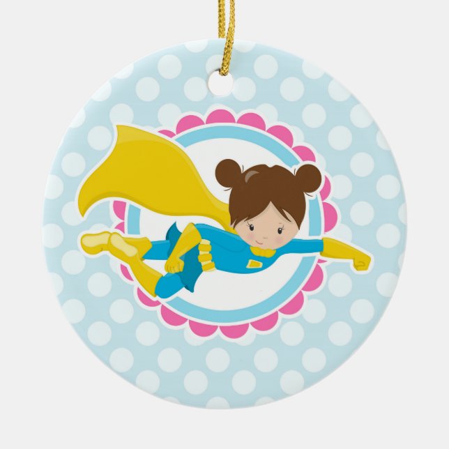Superhero Girl - Cute Flying Hero In Cape Ceramic Ornament (Front)