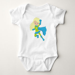 Superhero Girl, Cute Girl, Blonde Hair, Blue Cape Baby Bodysuit