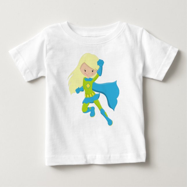 Superhero Girl, Cute Girl, Blonde Hair, Blue Cape Baby T-Shirt (Front)