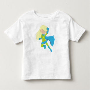 Superhero Girl, Cute Girl, Blonde Hair, Blue Cape Toddler T-Shirt