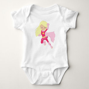 Superhero Girl, Cute Girl, Blonde Hair, Pink Cape Baby Bodysuit
