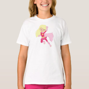 Superhero Girl, Cute Girl, Blonde Hair, Pink Cape T-Shirt