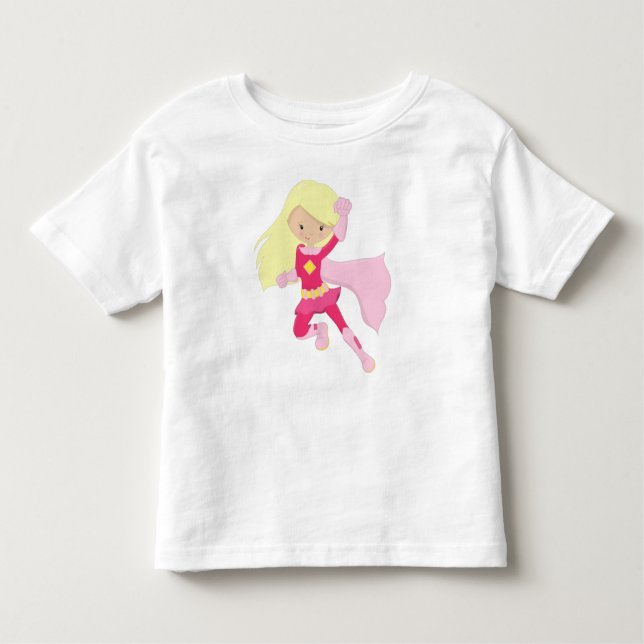 Superhero Girl, Cute Girl, Blonde Hair, Pink Cape Toddler T-Shirt (Front)