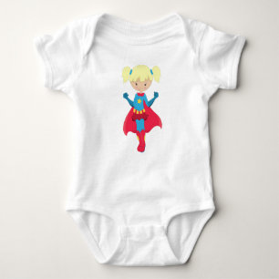 Superhero Girl, Cute Girl, Blonde Hair, Red Cape Baby Bodysuit